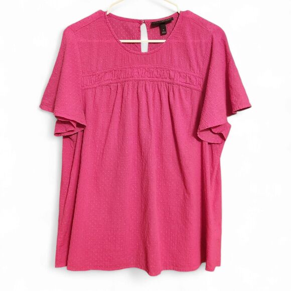 Lane Bryant Flutter-Sleeve Smock Detail Top, Fuchsia Pink, Woman 16, 100% Cotton - Picture 1 of 12